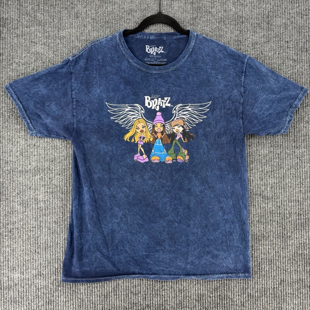 Bratz graphic T-shirt angel wings‎ acid wash blue Y2K cotton tee women's Large